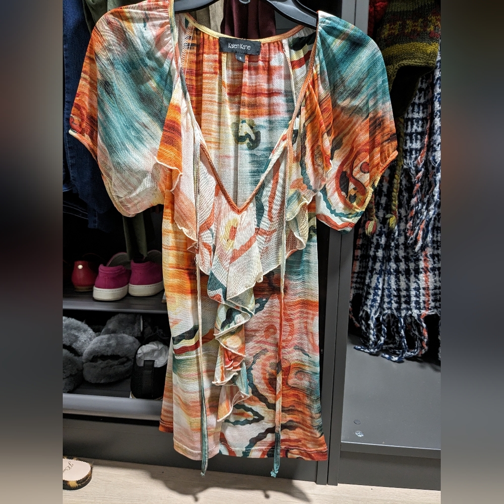 Rich colors Karen Kane Sheer Top with Ruffle Front, Short sleeve
